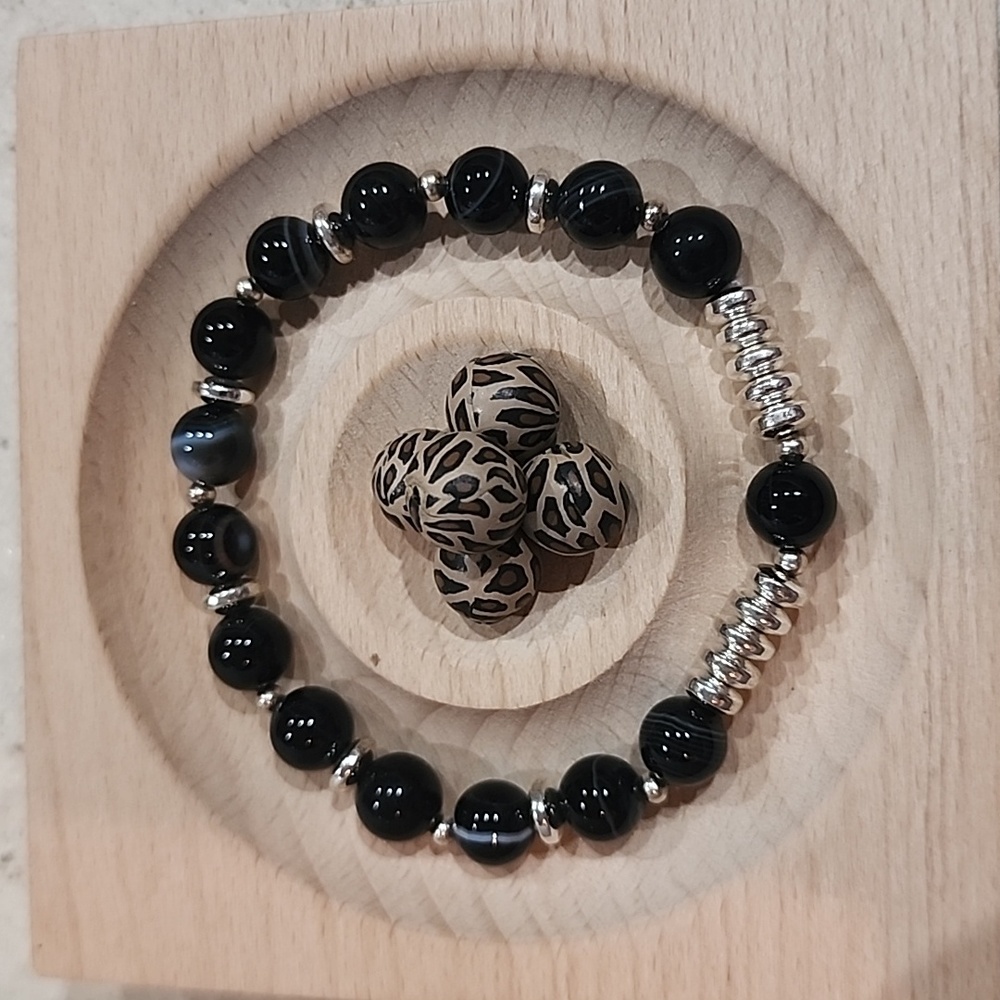 🔥 Natural Black lace agate & Silver Hematite Crystal Beads Bracelet 7in